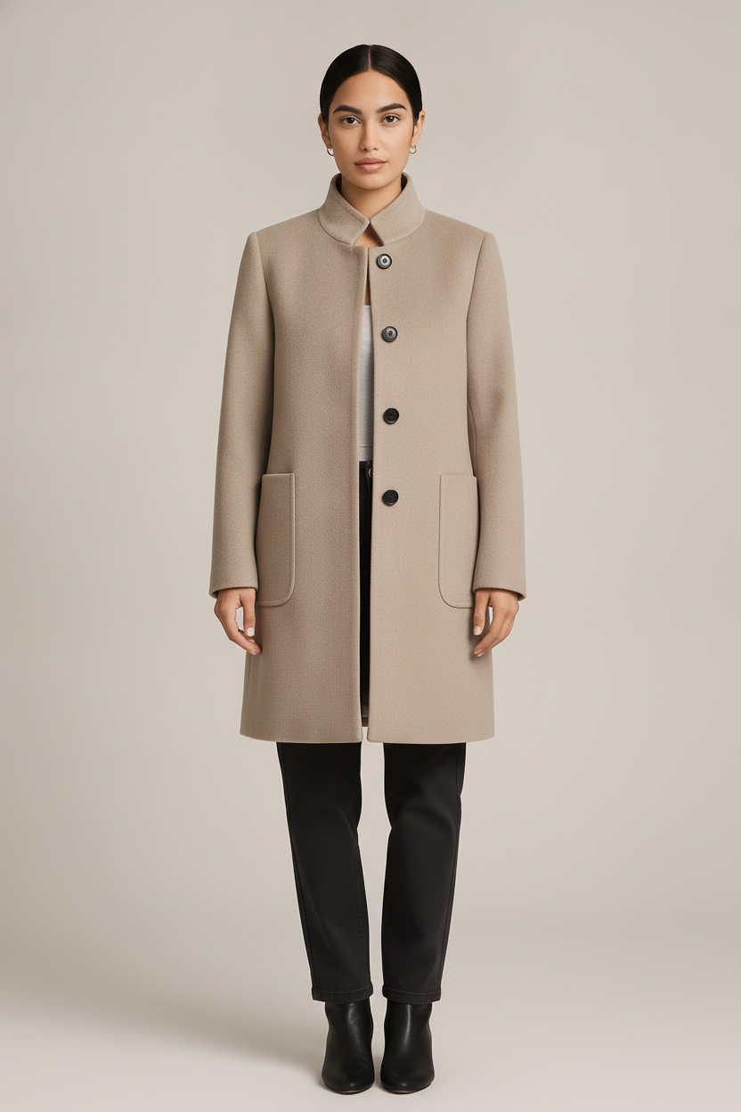 Mantel Dames met Opstaande Kraag – Midi Tussenjas — Carmela – Beige – vooraanzicht