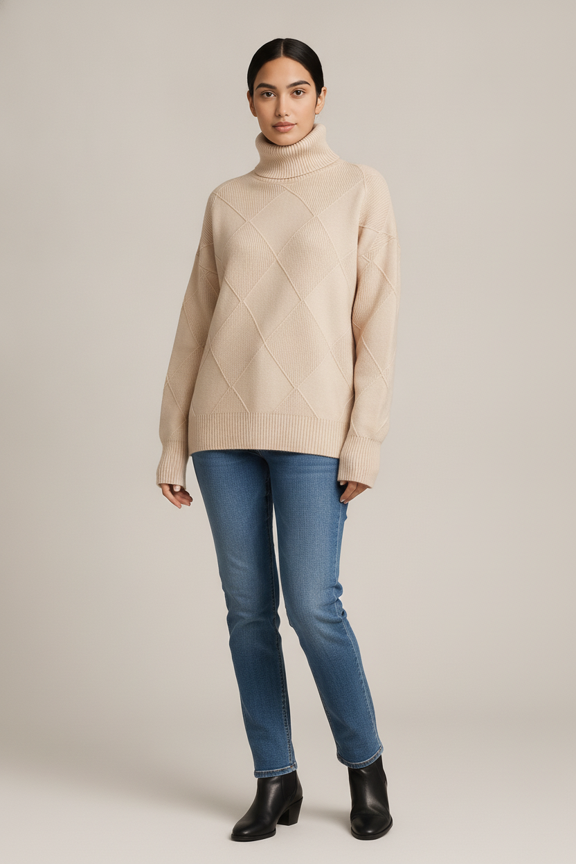 Coltrui Dames met Ruitpatroon – Oversized Gebreide Trui — Cassia – Beige – vooraanzicht