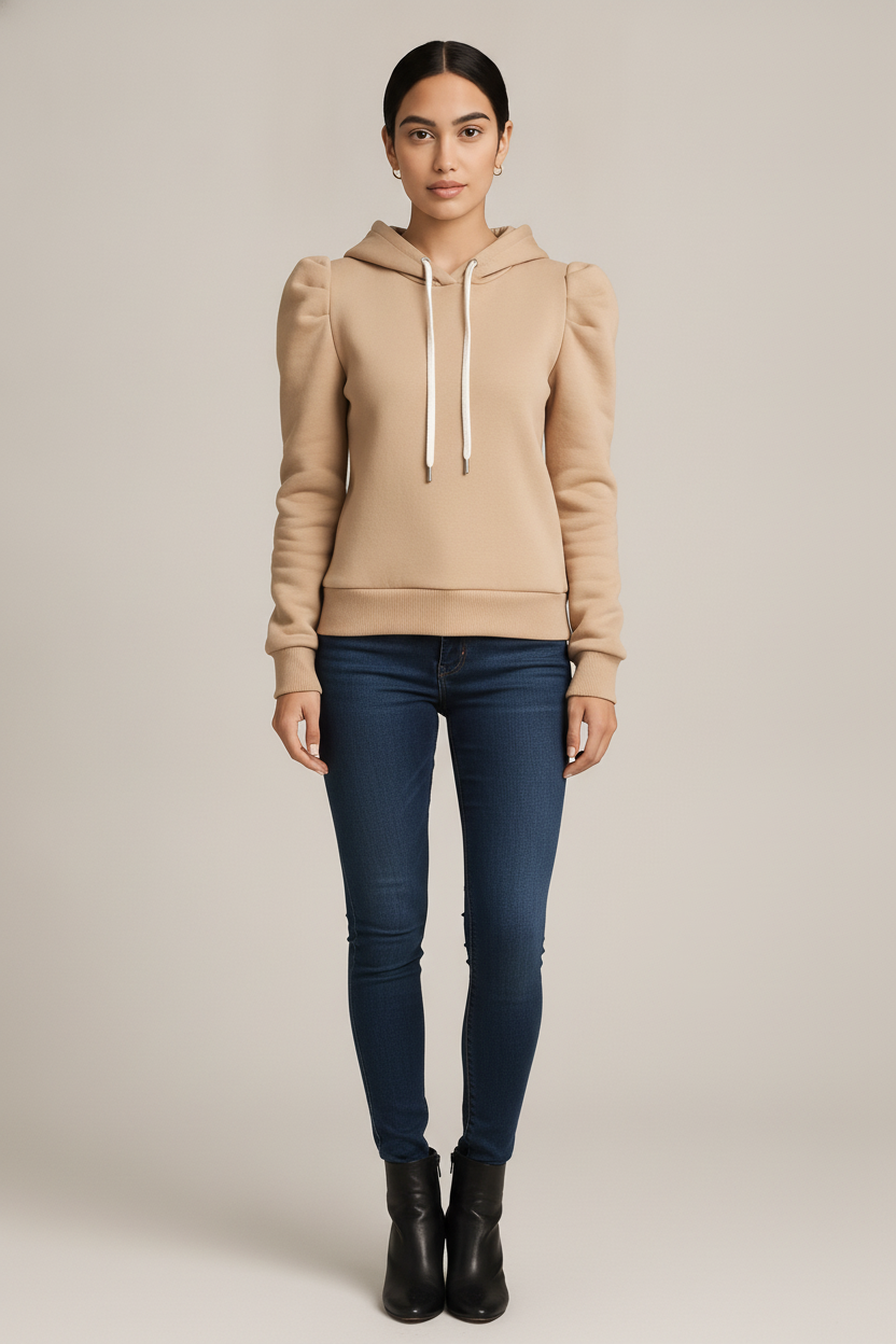 Hoodie Dames met Pofmouwen – Zachte Trui met Capuchon — Milena – Beige – vooraanzicht