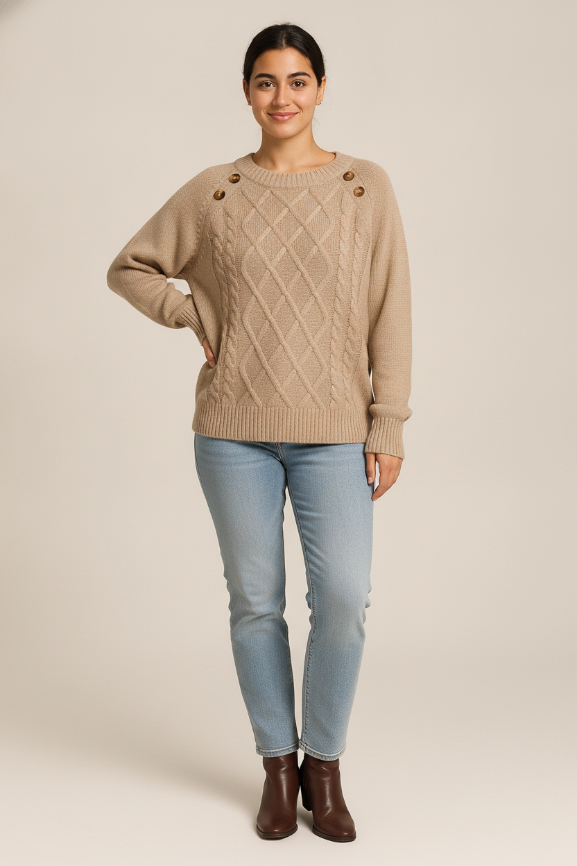 Kabeltrui Dames met Schouderknopen – Gebreide Trui — Elodia – Beige – vooraanzicht