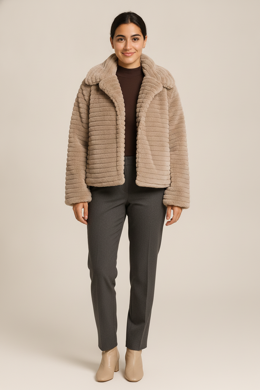 Korte Dames Teddy Jas met Kraag – Zacht Jack met Rits — Capucine – Beige – vooraanzicht