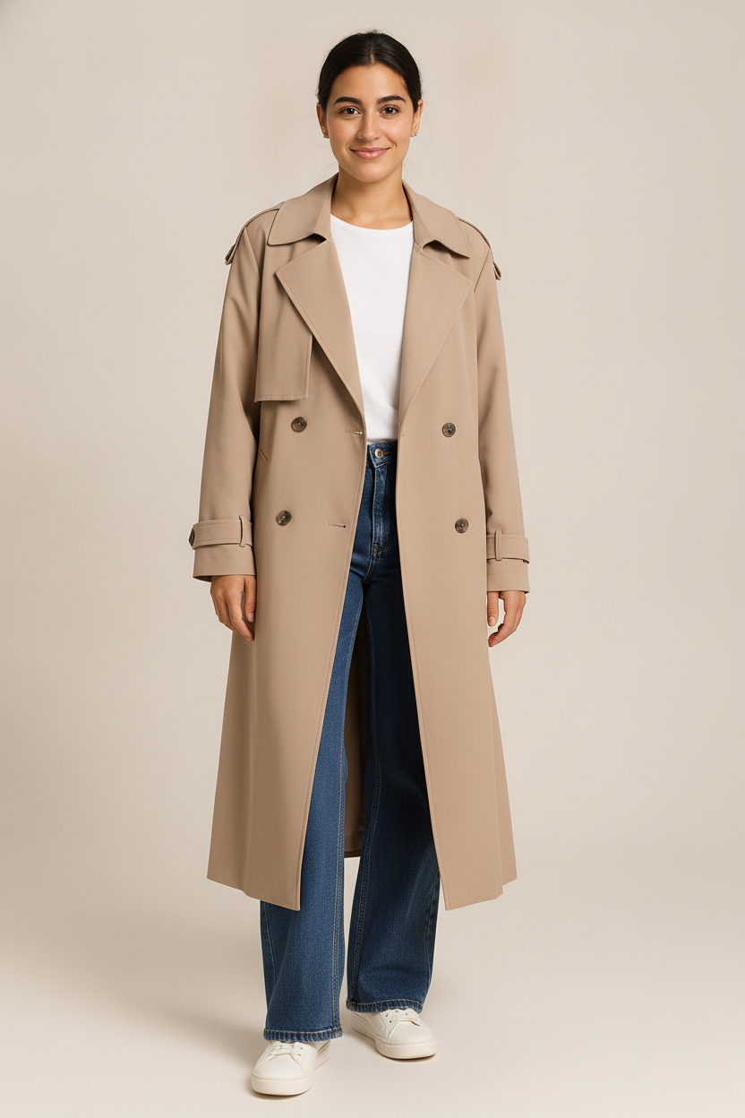 Lange Trenchcoat Dames Dubbelrijs – Oversized Tussenjas — Linnea – Beige – vooraanzicht