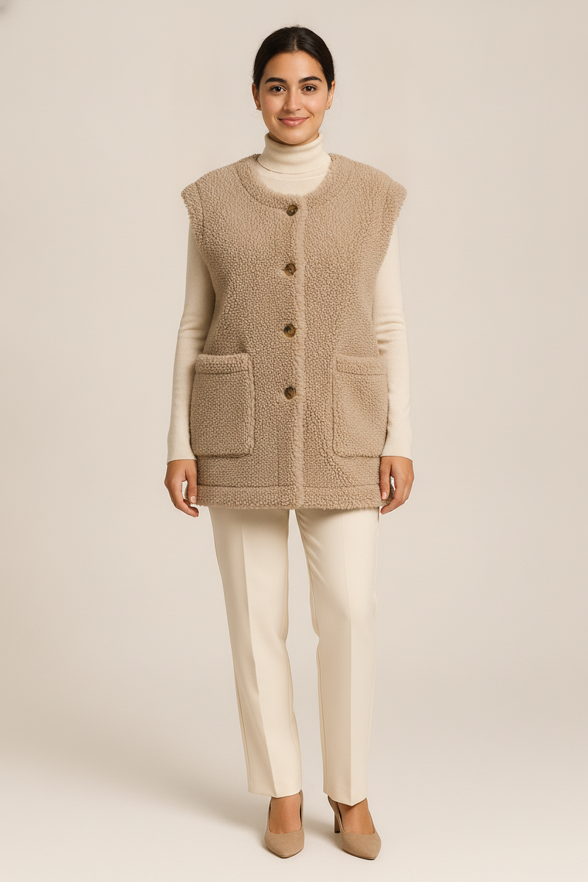 Teddy Gilet Dames met Knopen – Zachte Bodywarmer — Esmée – Beige – vooraanzicht