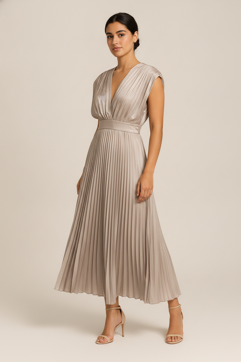 Plissé Midi-Jurk met Diepe V-Hals — Ninon – Beige – vooraanzicht