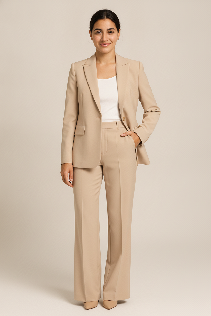 Tweedelig Pak met Getailleerde Blazer en Wijde Pantalon — Agathe – Beige – vooraanzicht