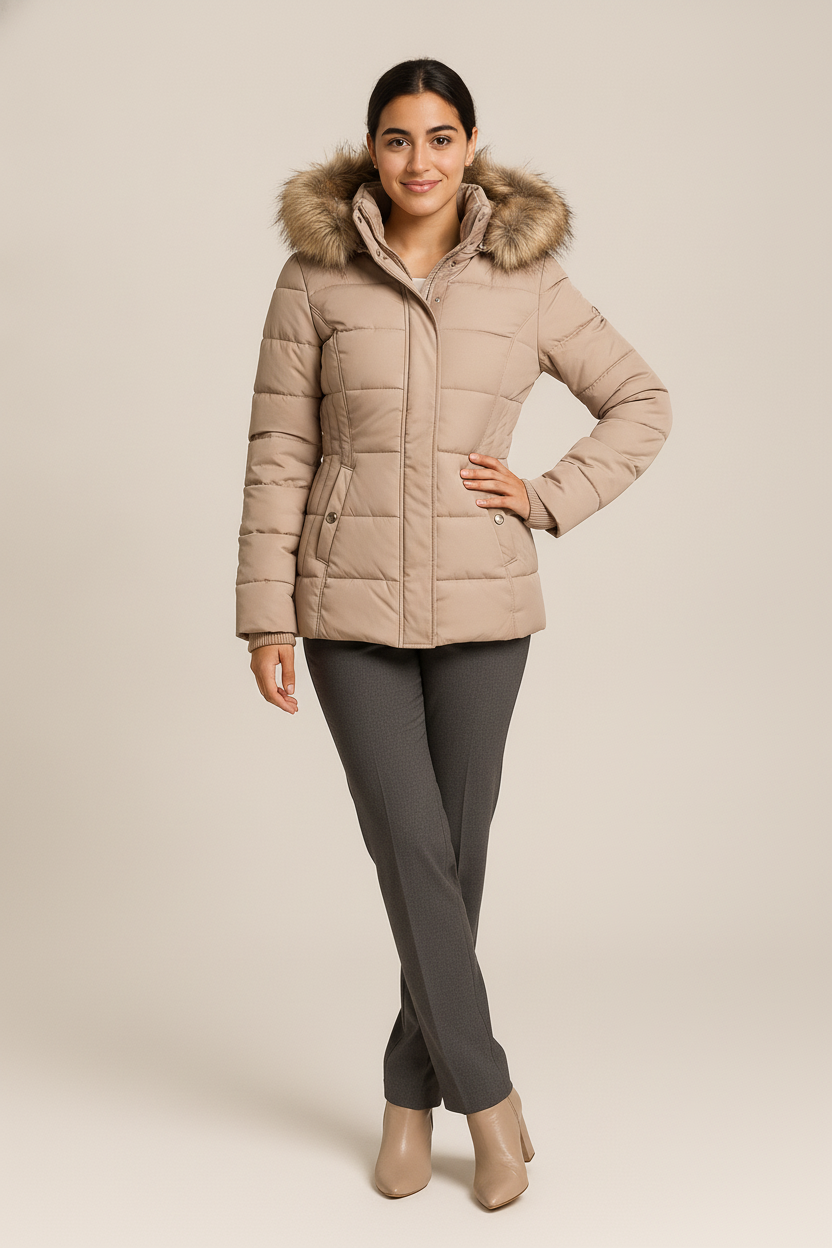 Winterjas Dames met Bontkraag – Warme Parka met Capuchon — Seraphina – Beige – vooraanzicht