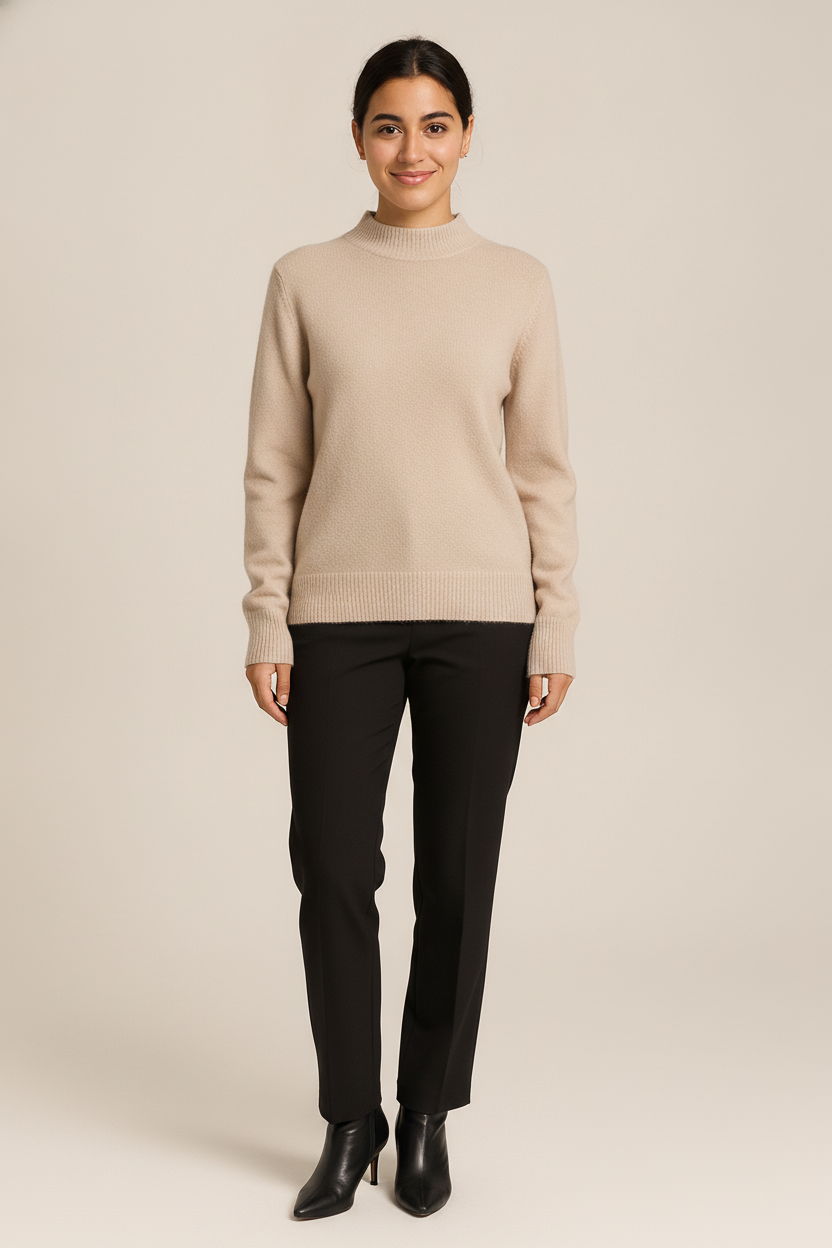 Gebreide Trui Dames met Halve Col – Zachte Basic Pullover — Aluna – Beige – vooraanzicht