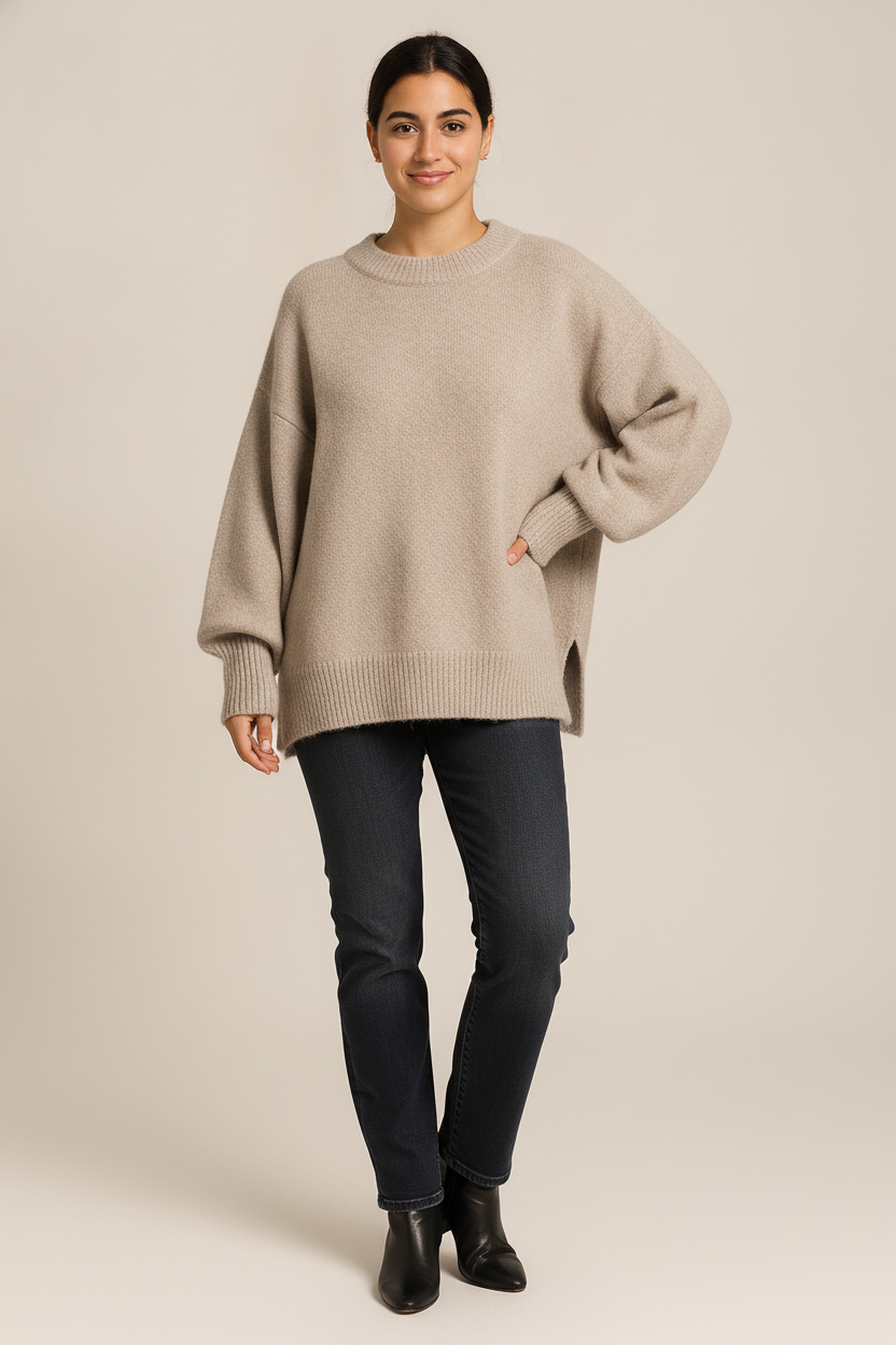 Oversized Gebreide Trui Dames – Zachte Pullover met Ronde Hals — Vivi – Beige – vooraanzicht