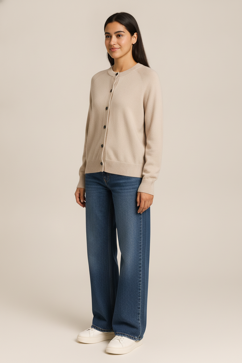 Gebreid Vest Dames met Ronde Hals – Zachte Cardigan met Knopen — Belen – Beige – vooraanzicht