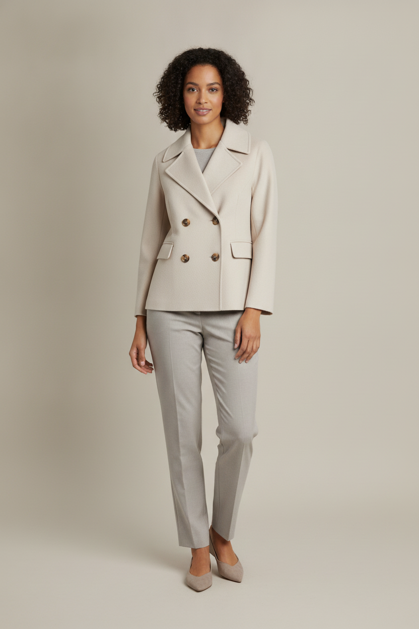 Korte Dubbelrijige Mantel met Revers — Nayara – Beige – vooraanzicht