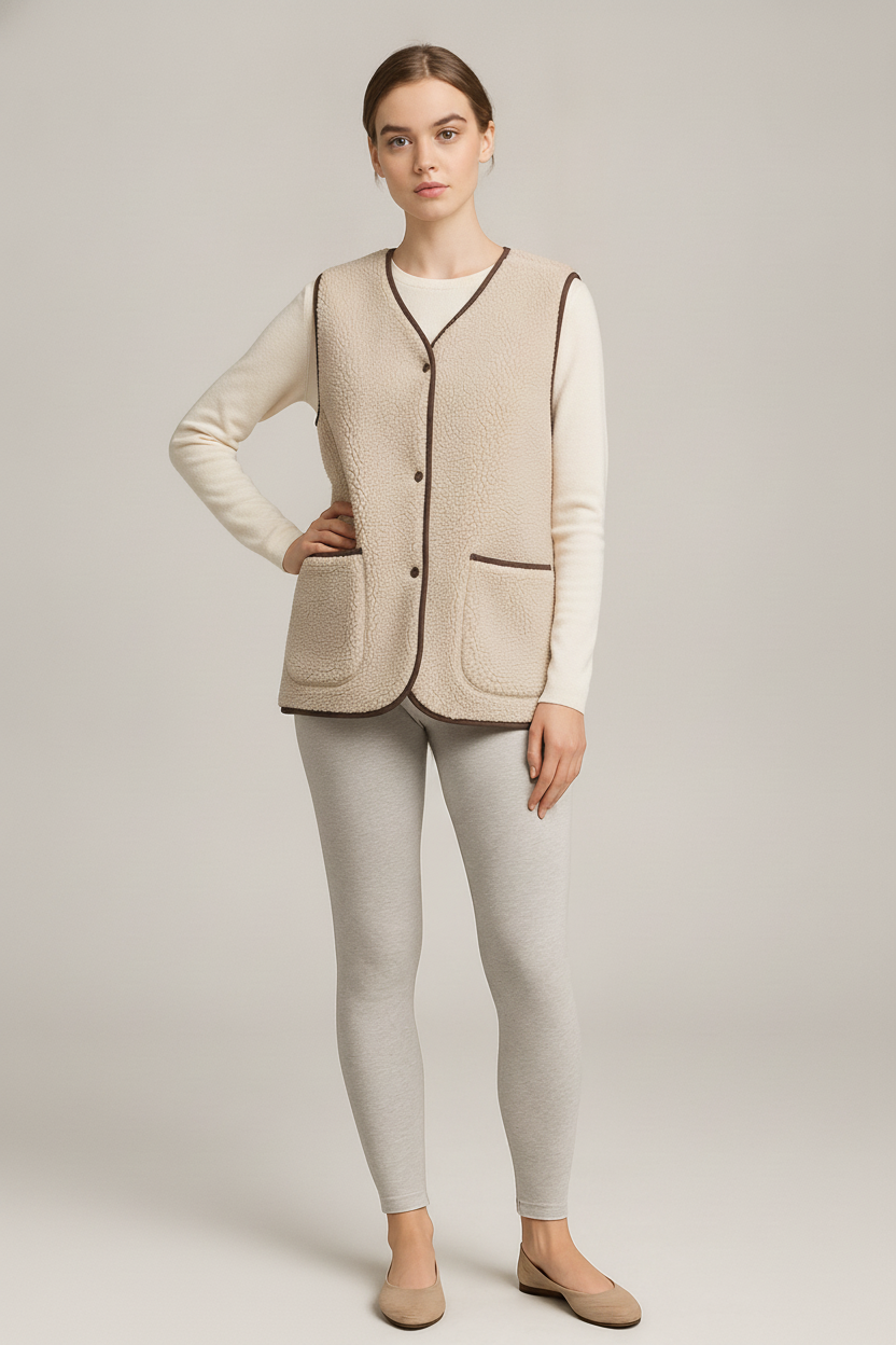 Teddy Gilet Dames – Zachte Bodywarmer met Zakken — Alora – Beige – vooraanzicht