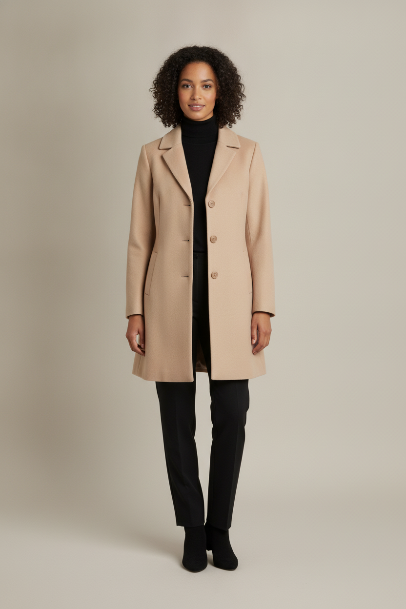 Lange Jas Dames met Kraag – Enkelrijige Wintermantel — Lynn – Beige – vooraanzicht