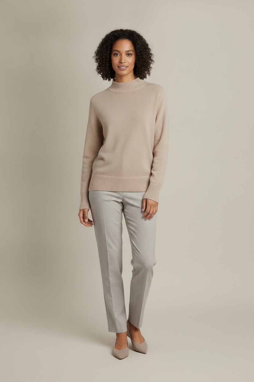Trui Dames met Halfhoge Col – Zachte Gebreide Pullover — Selvana – Beige – vooraanzicht