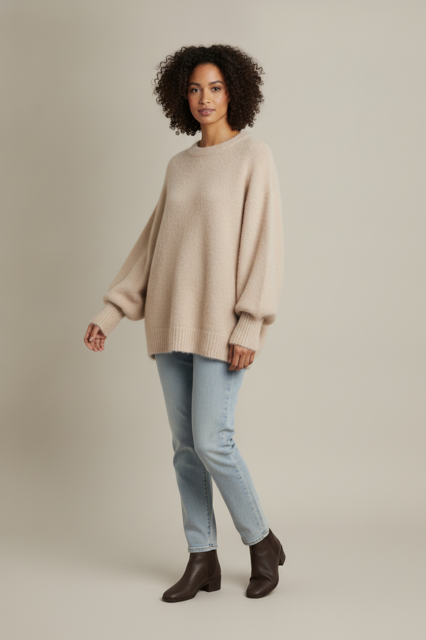 Oversized Trui Dames met Ballonmouwen – Zachte Gebreide Trui — Velia – Beige – vooraanzicht