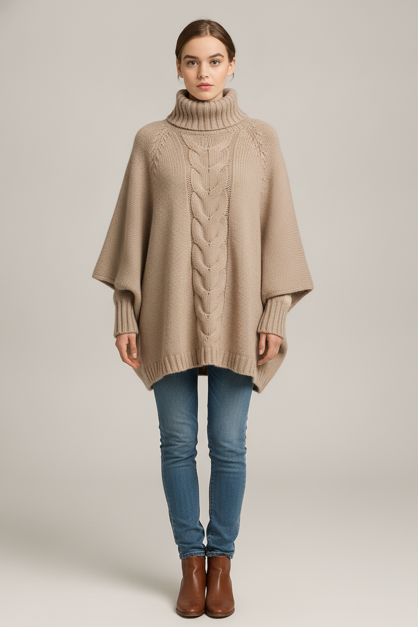 Kabeltrui Dames met Col – Oversized Poncho Trui — Ilka – Beige – vooraanzicht
