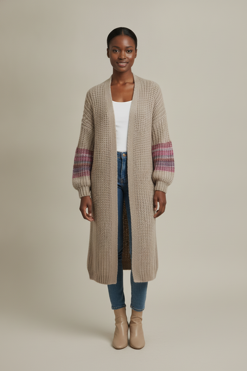Lang Vest Dames met Gedessineerde Mouwen – Gebreide Cardigan — Jolien – Beige – vooraanzicht