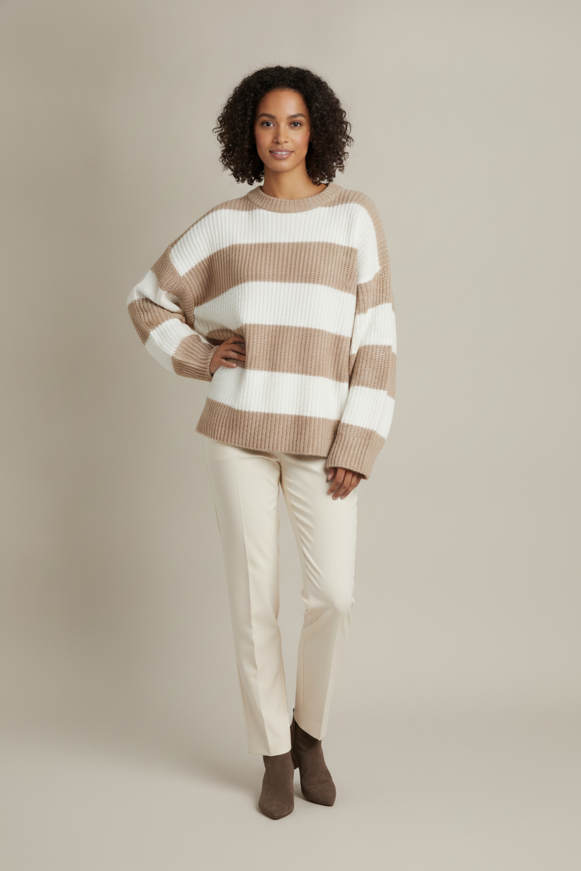 Gestreepte Trui Dames – Oversized Gebreide Trui met Ronde Hals — Kalea – Beige – vooraanzicht