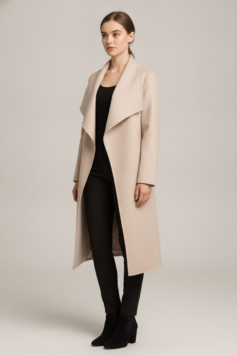 Lange Jas Dames met Watervalkraag – Open Mantel in Wollook — Nalani – Beige – vooraanzicht