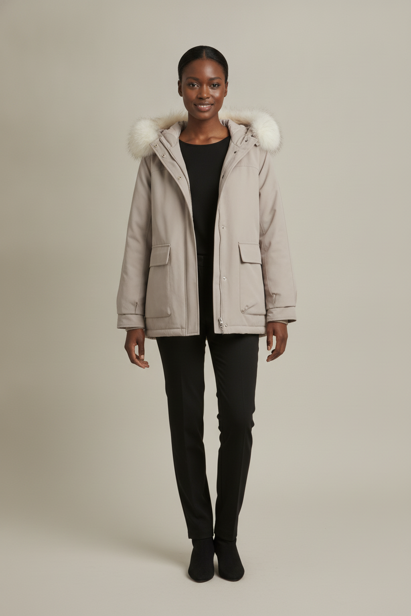 Winterjas Dames met Bontkraag Capuchon – Korte Parka — Quilla – Beige – vooraanzicht