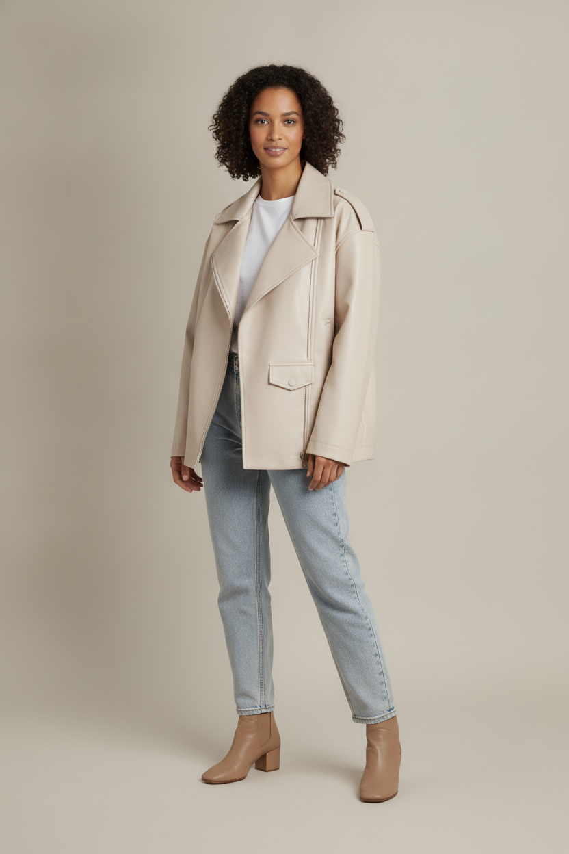 Korte Jas Dames in Leerlook – Oversized Jasje met Revers — Sabine – Beige – vooraanzicht