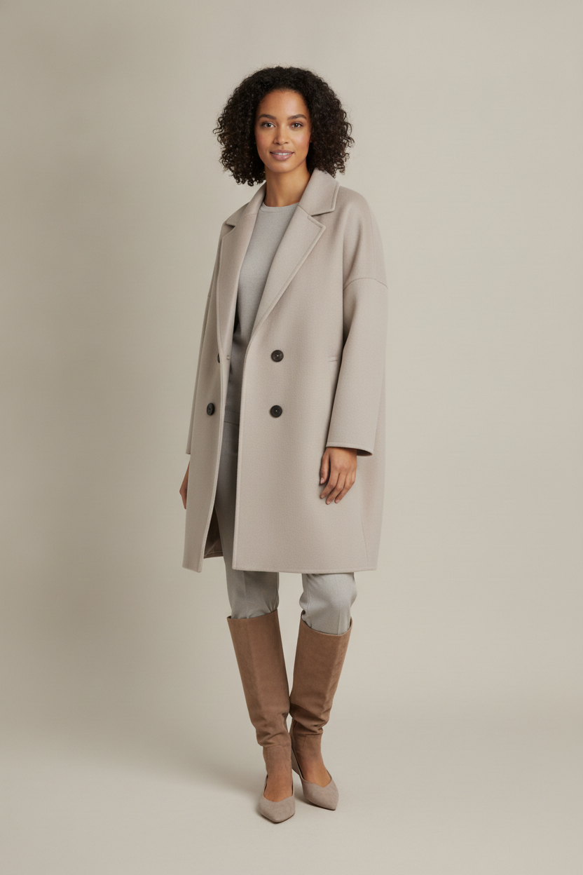 Halflange Jas Dames Double Breasted – Mantel in Wollook — Xenia – Beige – vooraanzicht