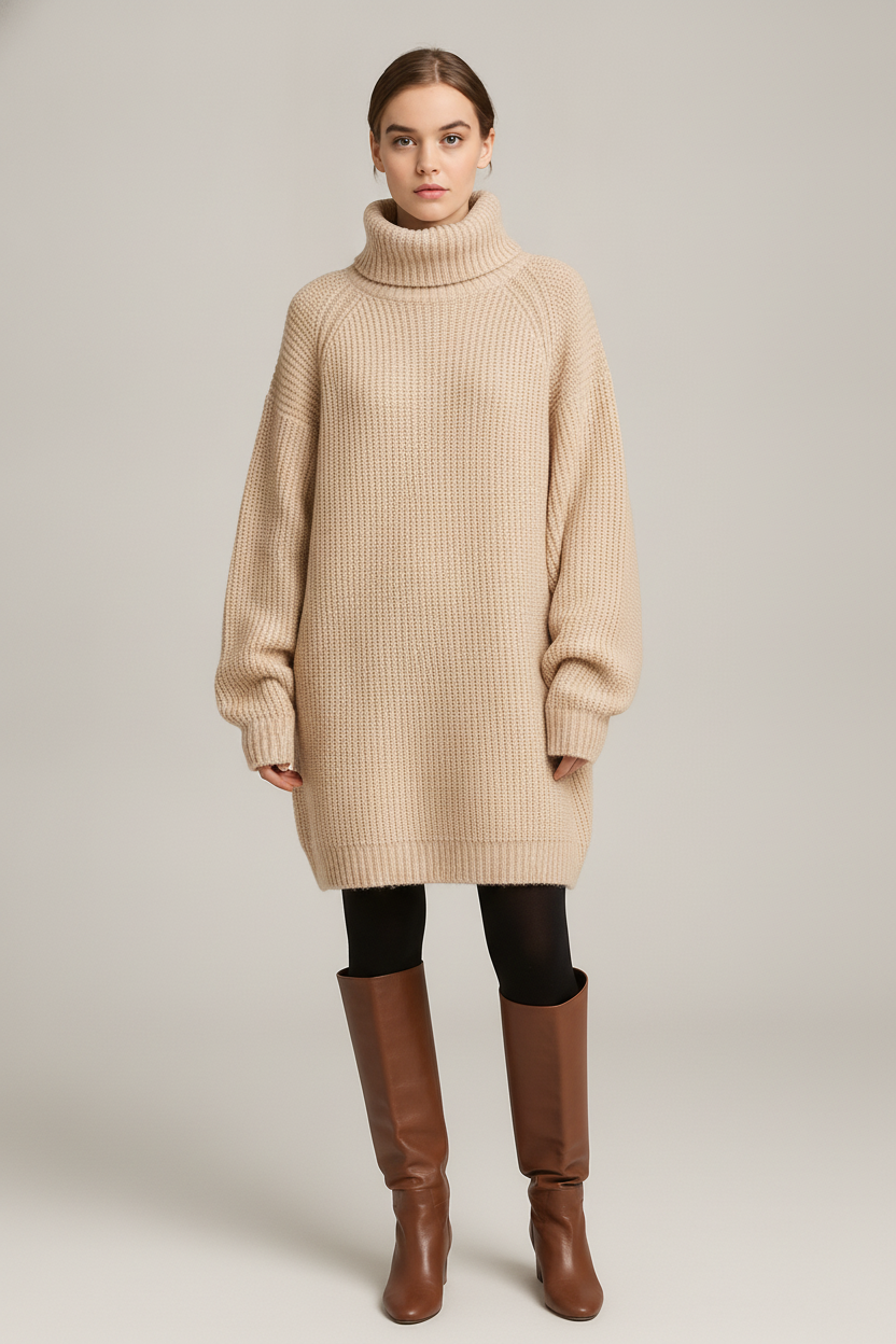 Truijurk Dames met Col – Oversized Ribgebreid — Ysolde – Beige – vooraanzicht