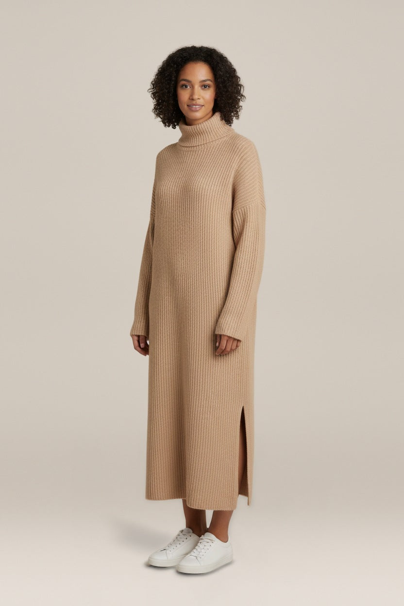 Lange Truijurk Dames met Col – Los Maxi Model — Thessa – Beige – vooraanzicht