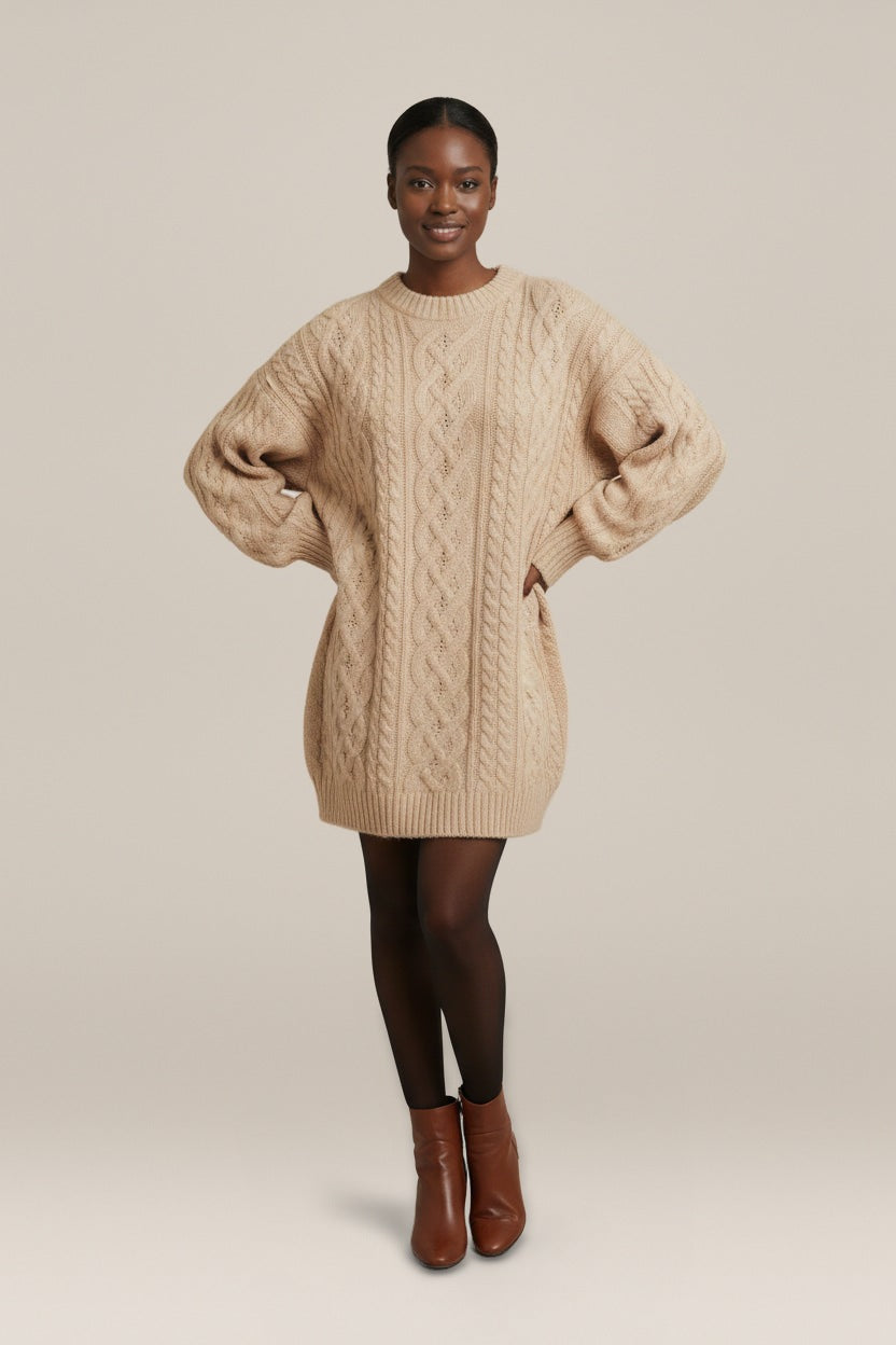 Oversized Truijurk Dames met Kabelpatroon – Ballonmouwen — Oriel – Beige – vooraanzicht