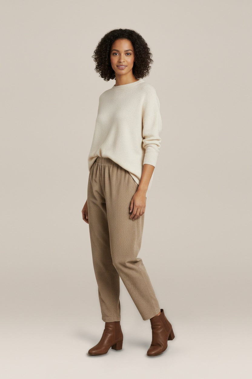 Ribcord Broek Dames met Elastische Taille – Los Model — Ameline – Beige – vooraanzicht
