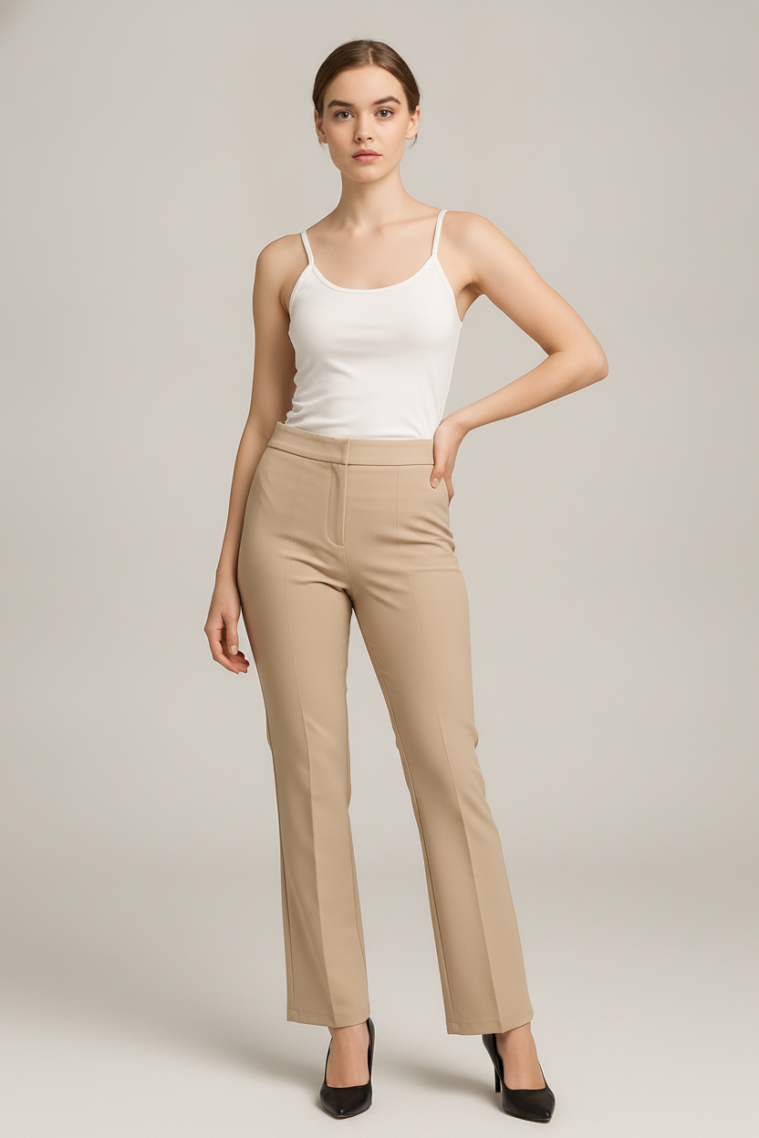 Pantalon Dames met Hoge Taille – Rechte Pijp met Gesp — Isaline – Beige – vooraanzicht