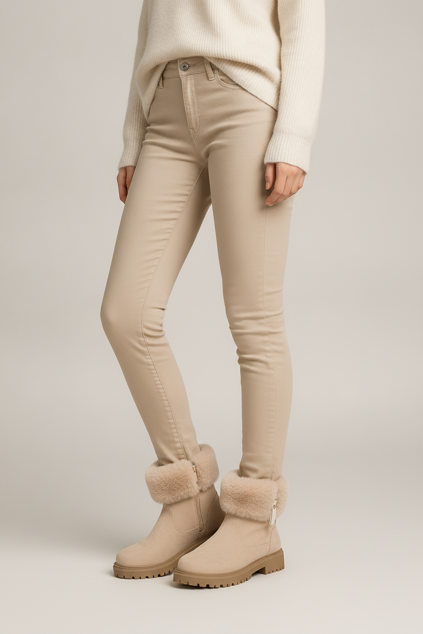 Gevoerde Enkelboots Dames met Rits – Pluizige Kraag — Tove – Beige – vooraanzicht