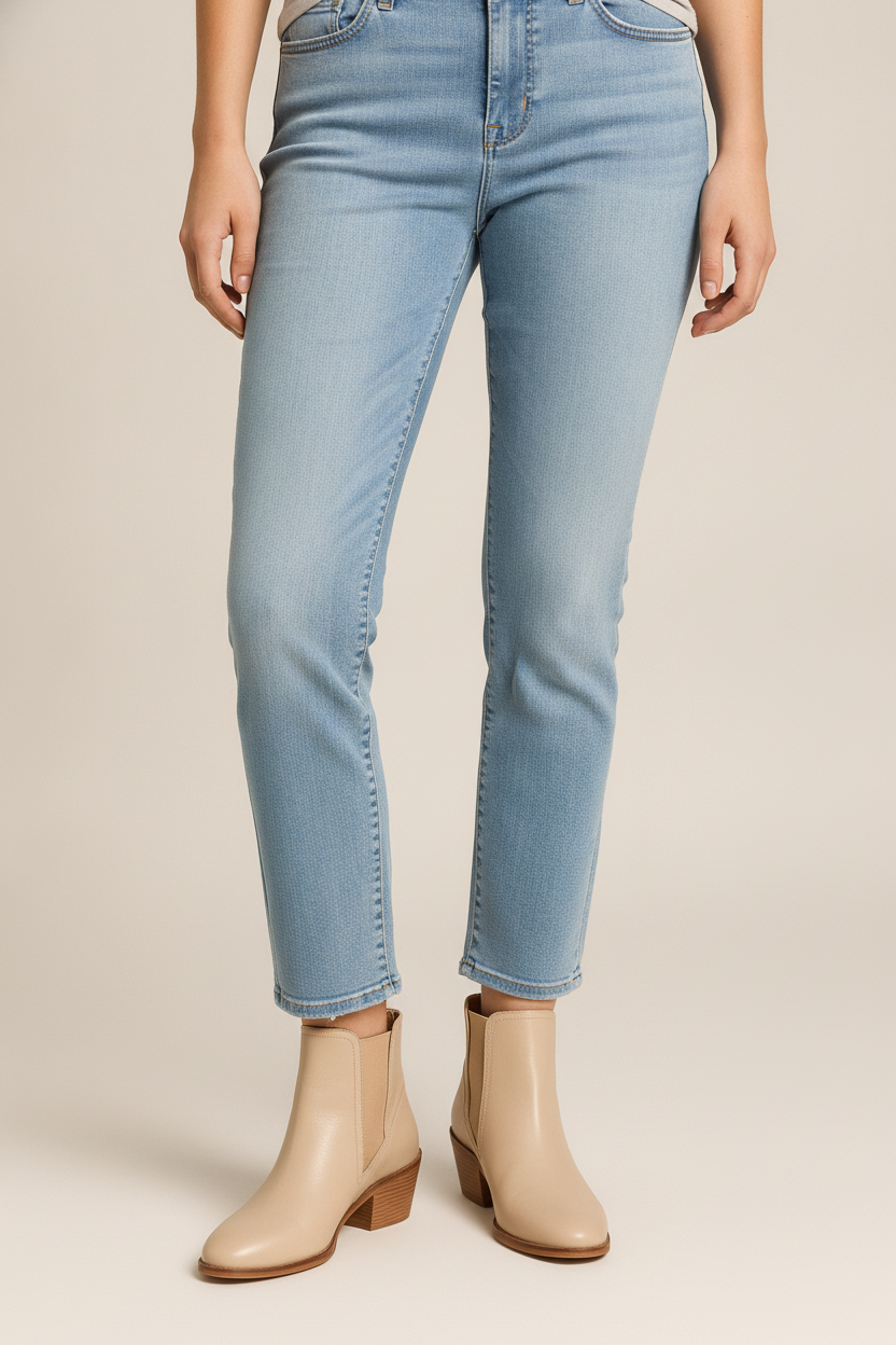 Enkellaarsjes Dames met Blokhak – Instap in Leerlook — Ottilie – Beige – vooraanzicht