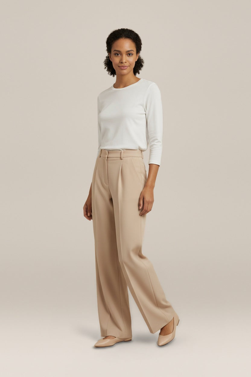 Pantalon Dames met Wijde Pijp – Hoge Taille en Plooien — Mirthe – Beige – vooraanzicht