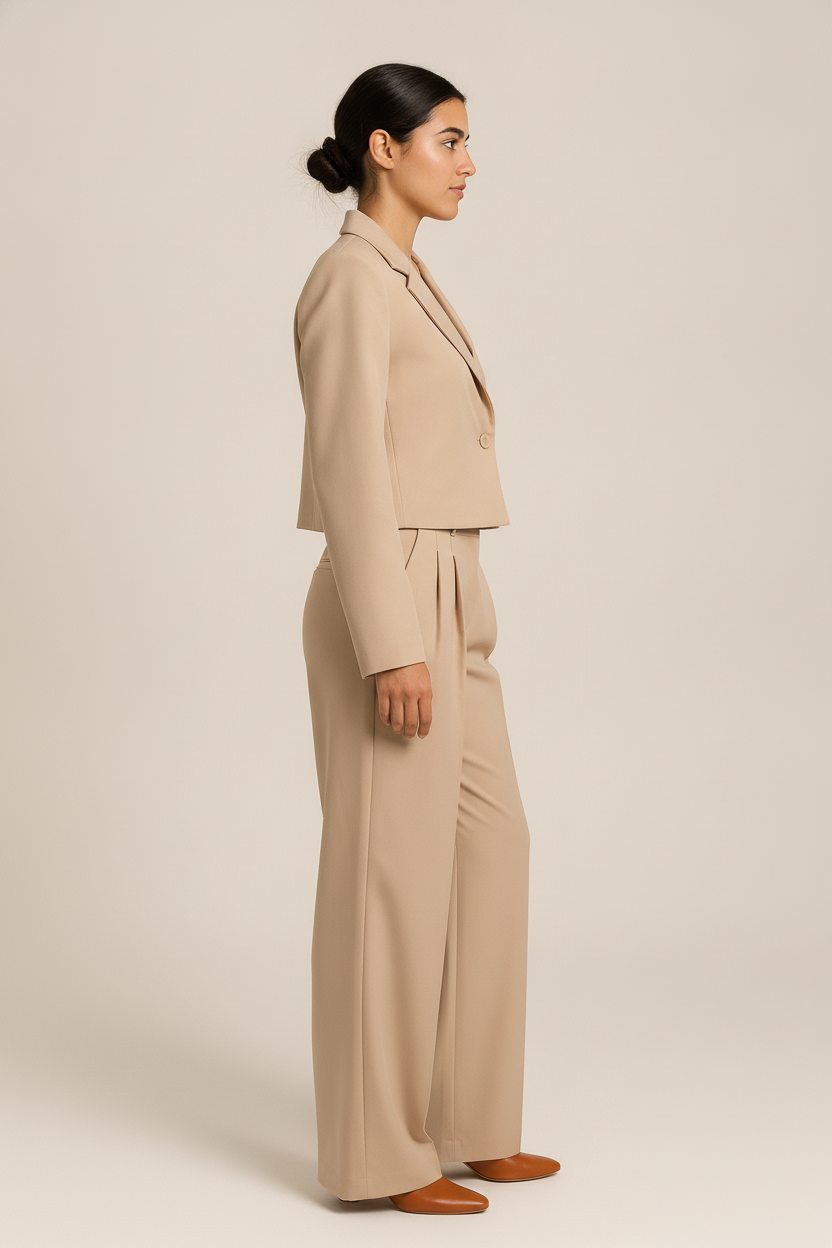 Soepel Pak met Blazer en Wijde Broek — Noelia – Beige – zijaanzicht