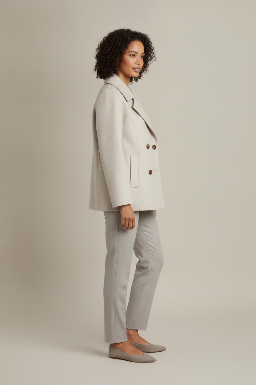 Korte Dubbelrijige Mantel met Revers — Nayara – Beige – zijaanzicht