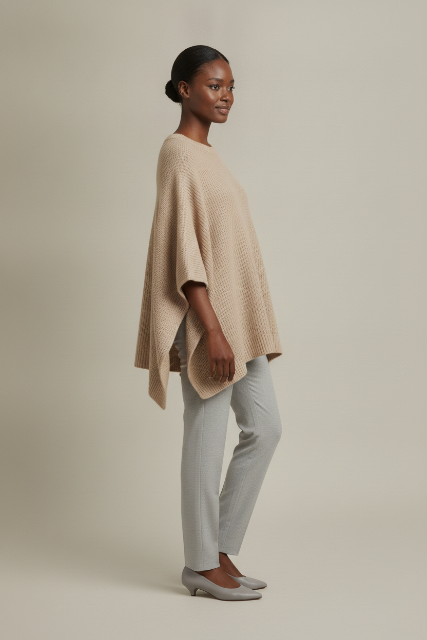 Oversized Trui Dames met Vleermuismouwen – Poncho Trui — Kalani – Beige – zijaanzicht