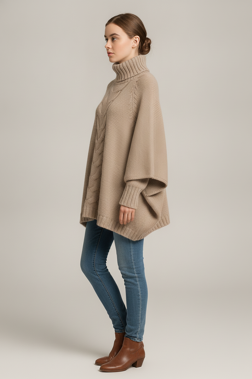 Kabeltrui Dames met Col – Oversized Poncho Trui — Ilka – Beige – zijaanzicht