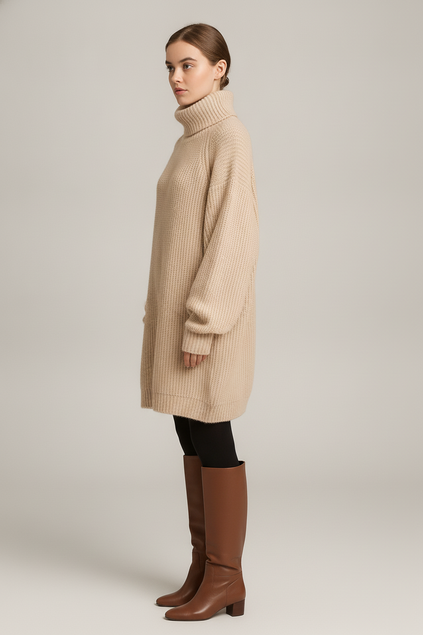 Truijurk Dames met Col – Oversized Ribgebreid — Ysolde – Beige – zijaanzicht