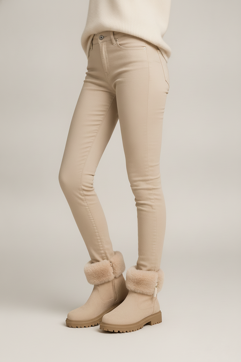 Gevoerde Enkelboots Dames met Rits – Pluizige Kraag — Tove – Beige – zijaanzicht