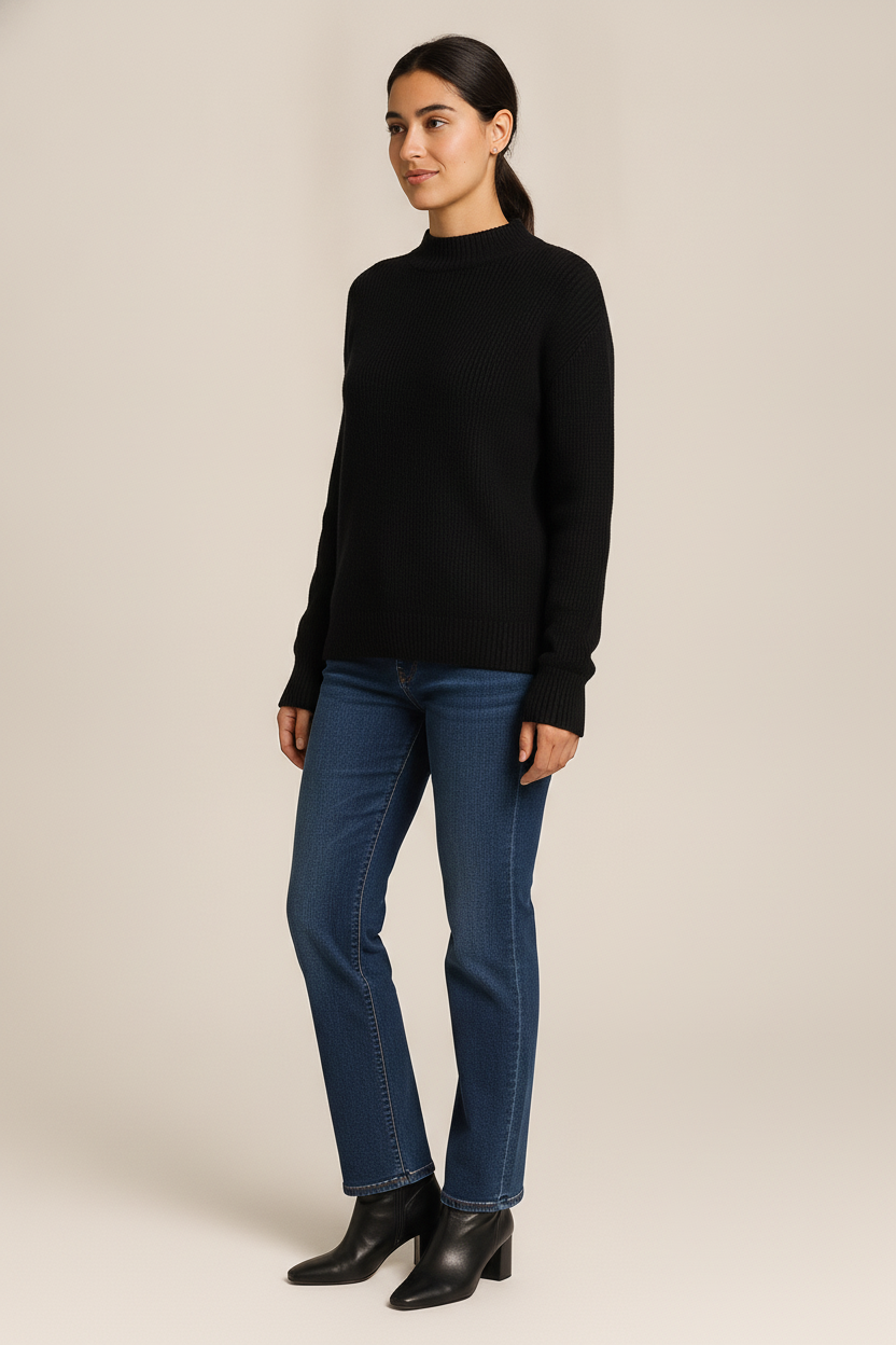 Gebreide Trui Dames met Halve Col – Zachte Basic Pullover — Aluna – Zwart – vooraanzicht