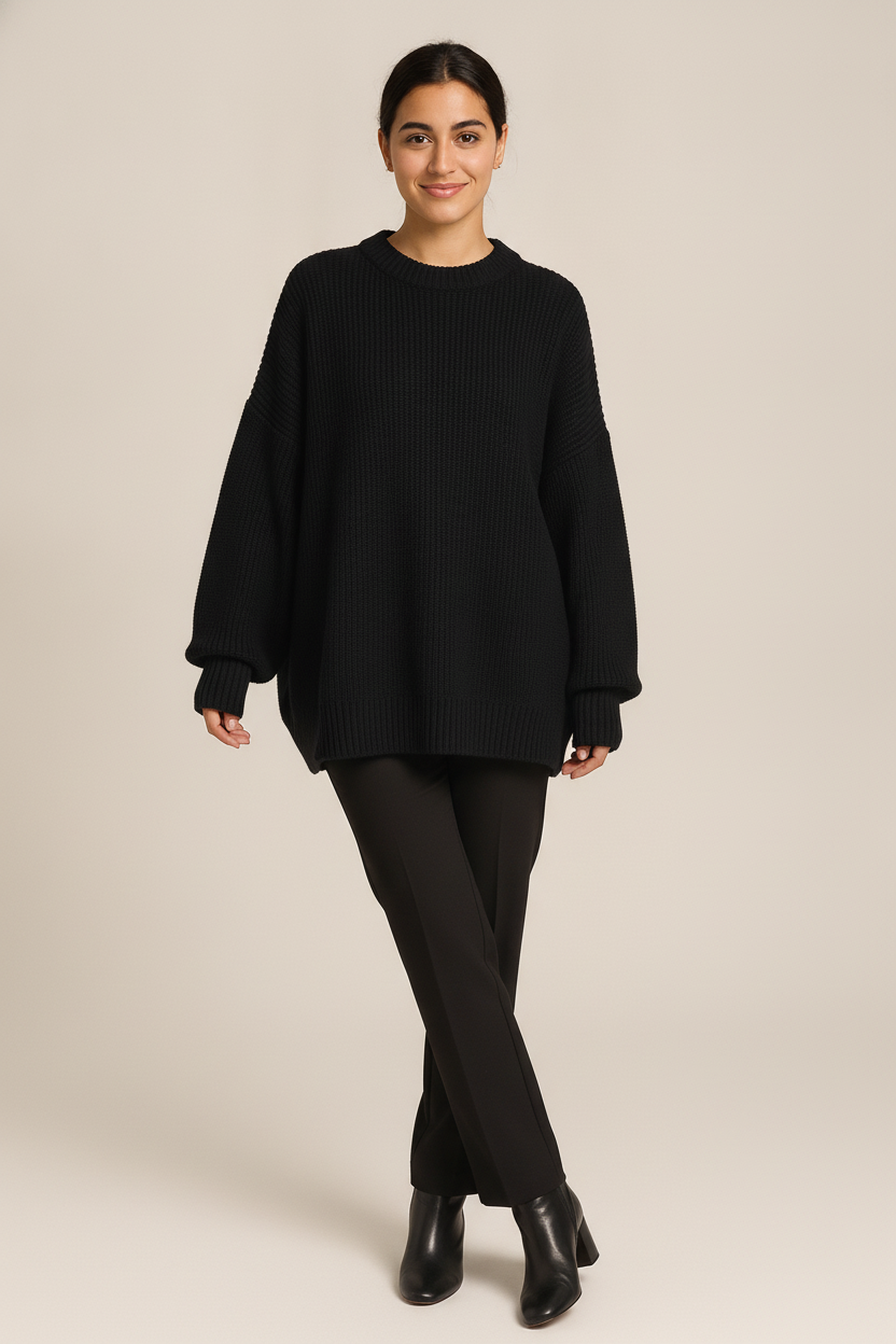 Oversized Gebreide Trui Dames – Zachte Pullover met Ronde Hals — Vivi – Zwart – vooraanzicht