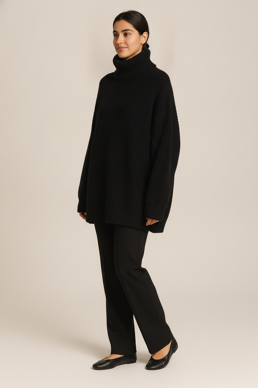 Oversized Coltrui Dames – Gebreide Trui met Hoge Col — Selin – Zwart – vooraanzicht