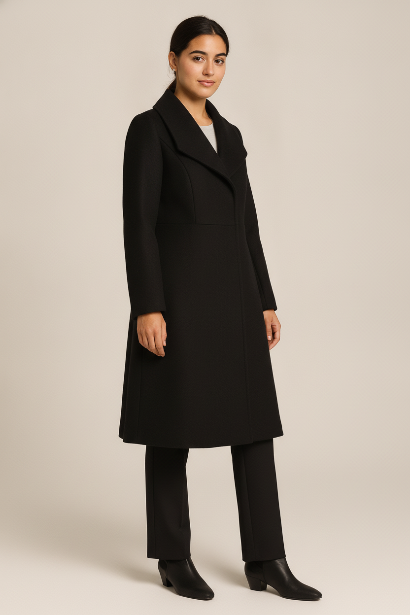 Lange Winterjas Dames met Grote Revers – Getailleerde Mantel — Marisel – Zwart – vooraanzicht