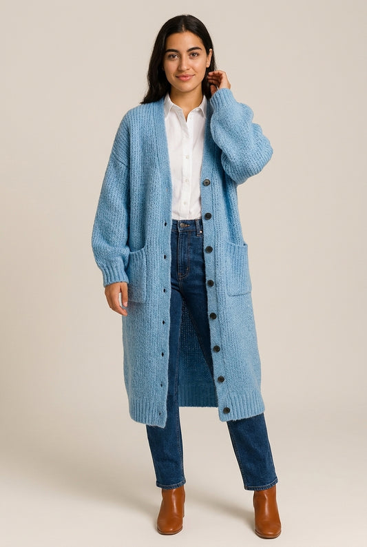 Grofgebreid Lang Vest met Zakken — Ayla – Blauw – vooraanzicht