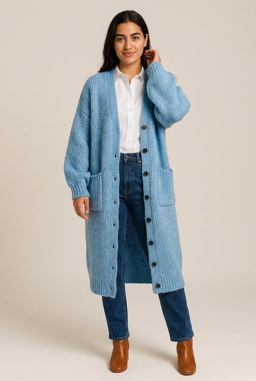 Grofgebreid Lang Vest met Zakken — Ayla – Blauw – vooraanzicht
