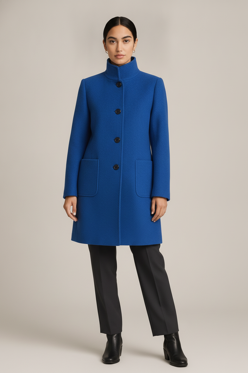 Mantel Dames met Opstaande Kraag – Midi Tussenjas — Carmela – Blauw – vooraanzicht