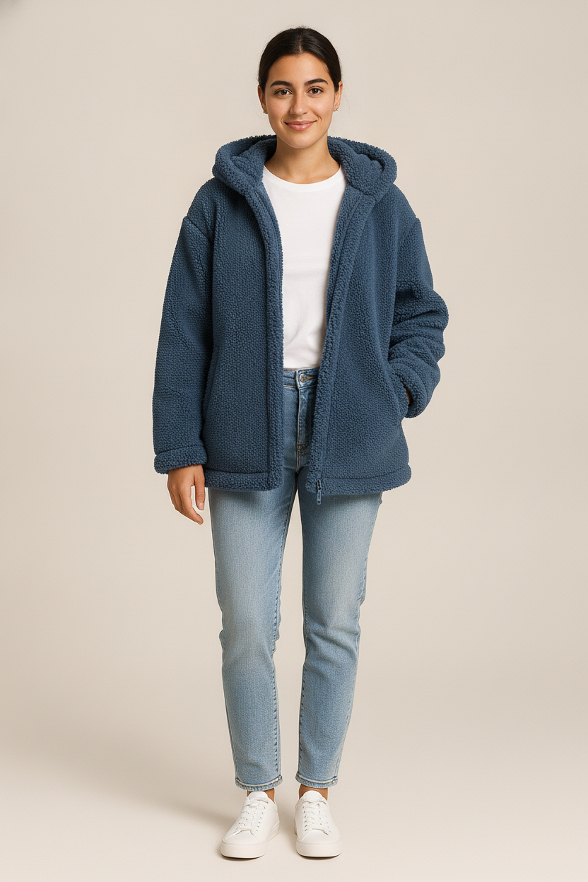 Teddy Jas Dames met Capuchon – Zacht Open Jack — Jara – Blauw – vooraanzicht