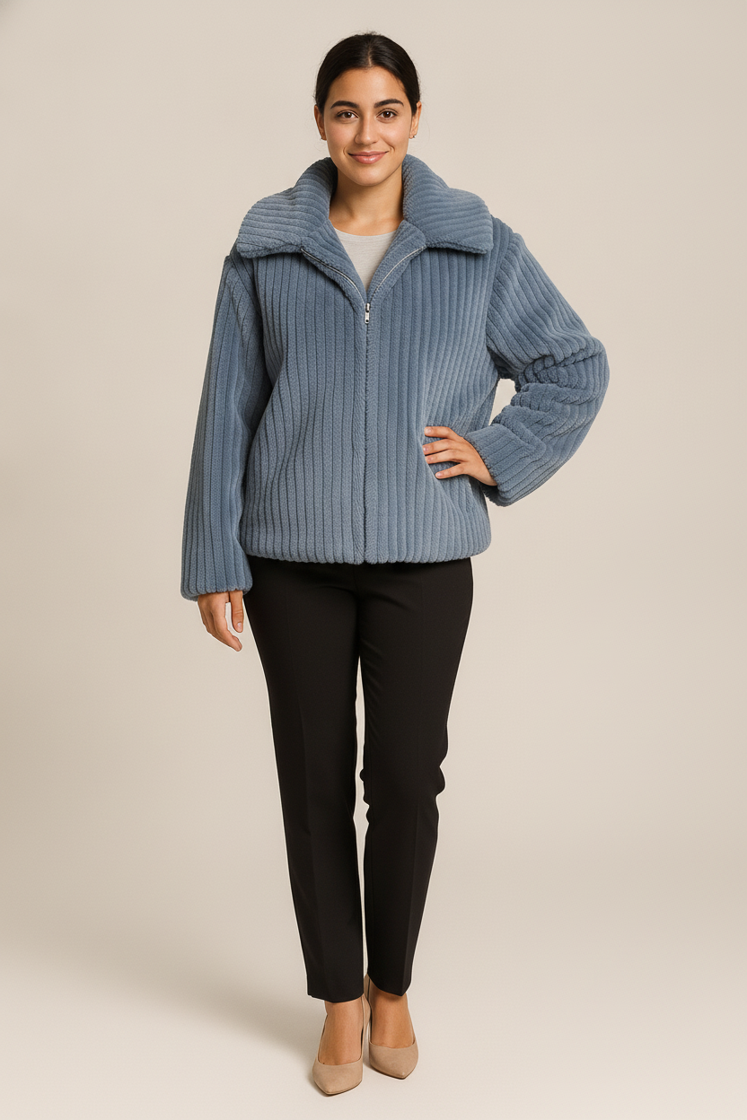Korte Dames Teddy Jas met Kraag – Zacht Jack met Rits — Capucine – Blauw – vooraanzicht