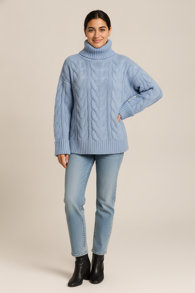 Kabelgebreide Coltrui Dames – Klassieke Wintertrui — Mirella – Blauw – vooraanzicht