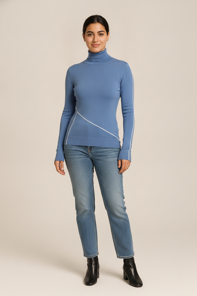 Fijngebreide Slim Fit Coltrui — Zola – Blauw – vooraanzicht